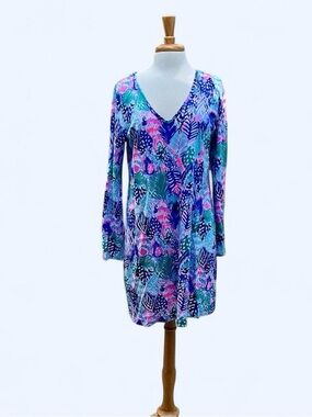 Lilly Pulitzer Tropical Print V-Neck Midi Dress in Blue, Pink, Green